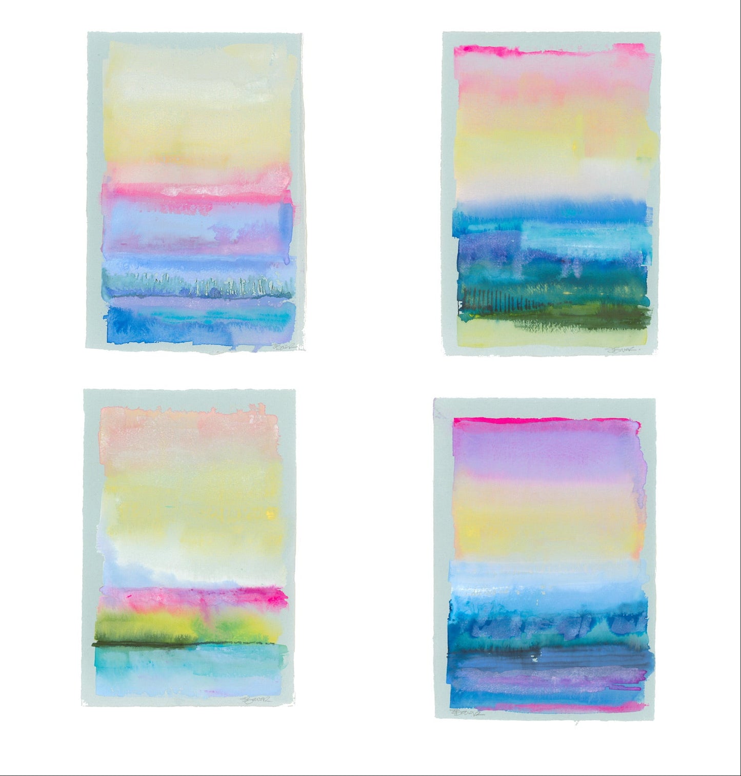 Four abstract seascape watercolor paintings with horizontal stripes in pastel colors on a white background.