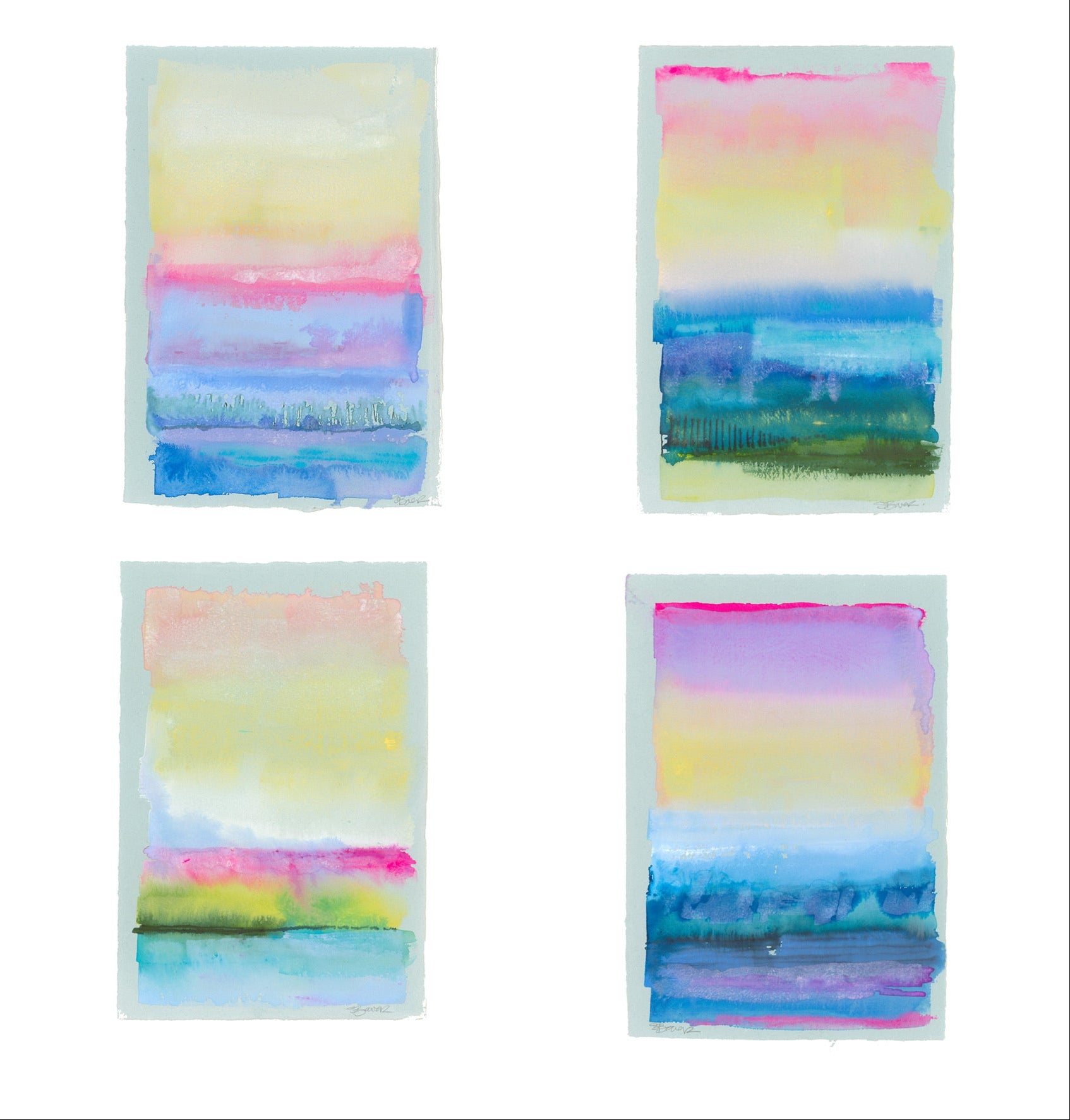Four abstract seascape watercolor paintings with horizontal stripes in pastel colors on a white background.