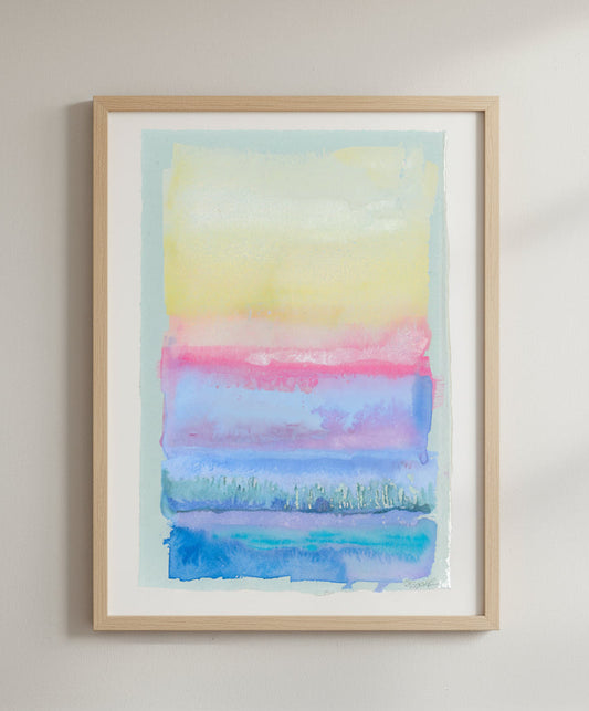 Colorful watercolor seascape painting with horizontal stripes on a white background