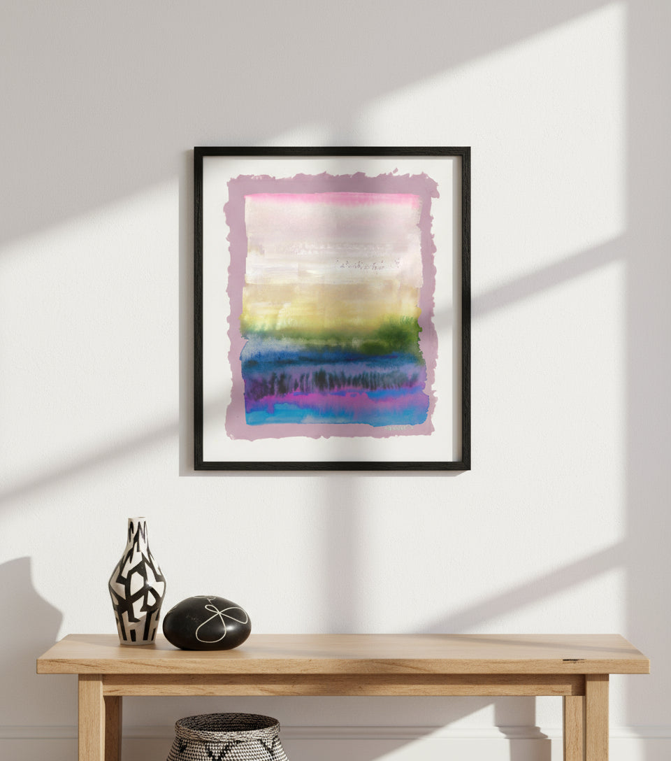Colorful abstract landscape watercolor painting on lilac paper