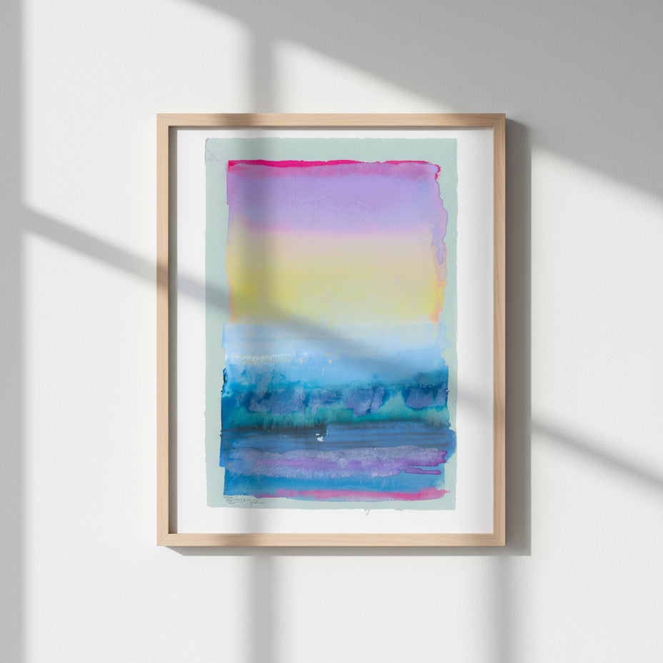 Abstract watercolor painting with a gradient of pink, purple, yellow, and blue on a white background.