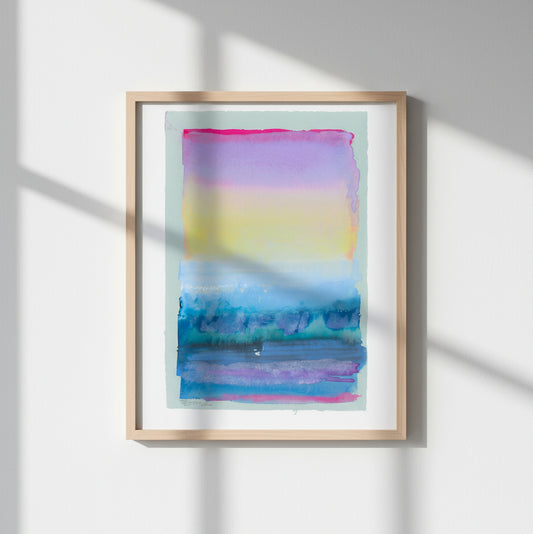 Abstract watercolor painting with a gradient of pink, purple, yellow, and blue on a white background.