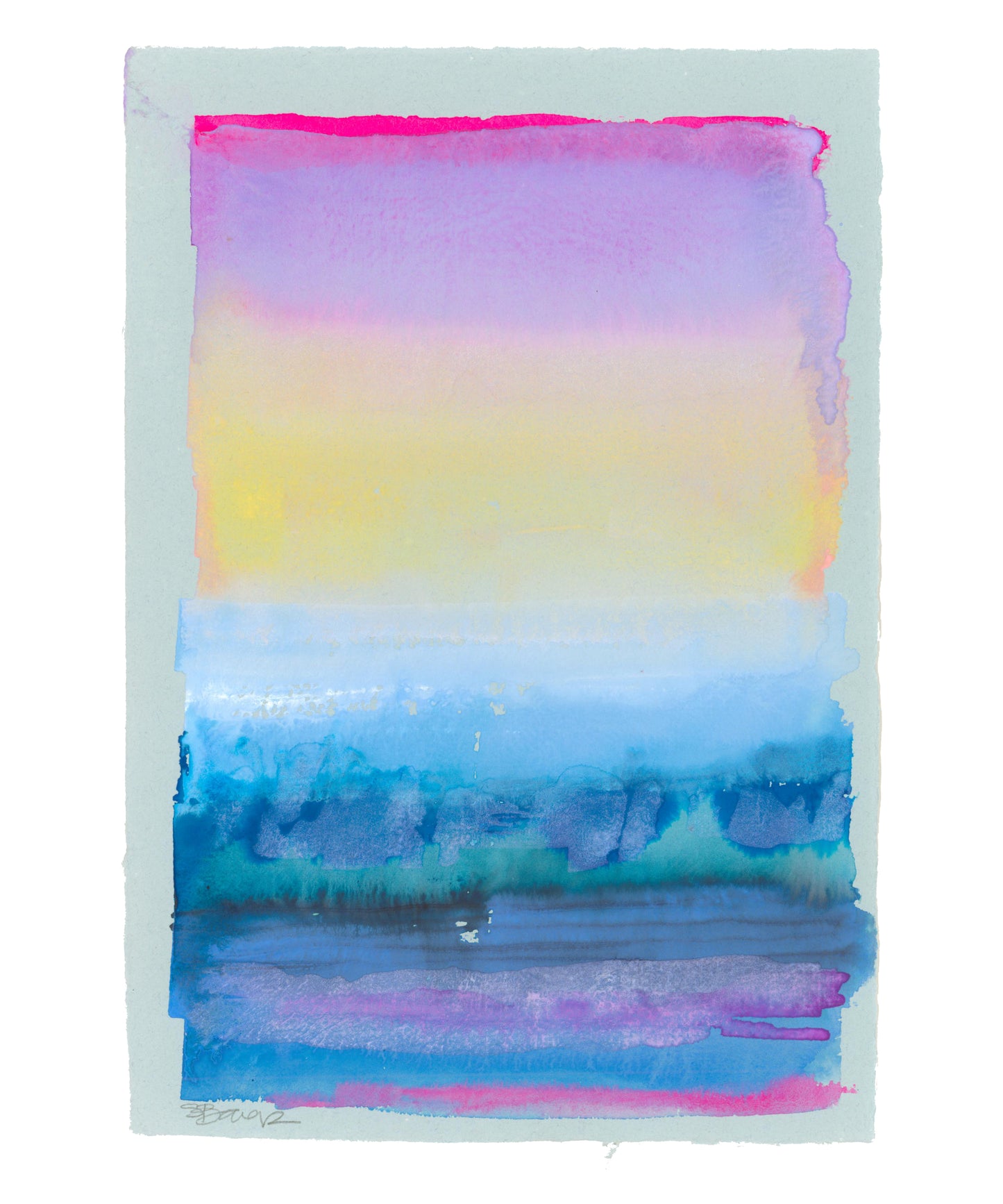 Colorful abstract seascape watercolor painting on a pale blue paper  on white wall