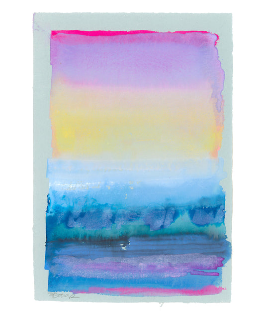Colorful abstract seascape watercolor painting on a pale blue paper  on white wall