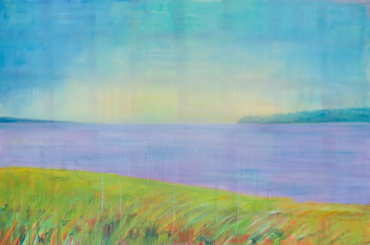 Painting of a landscape with grass, water, and a sky.