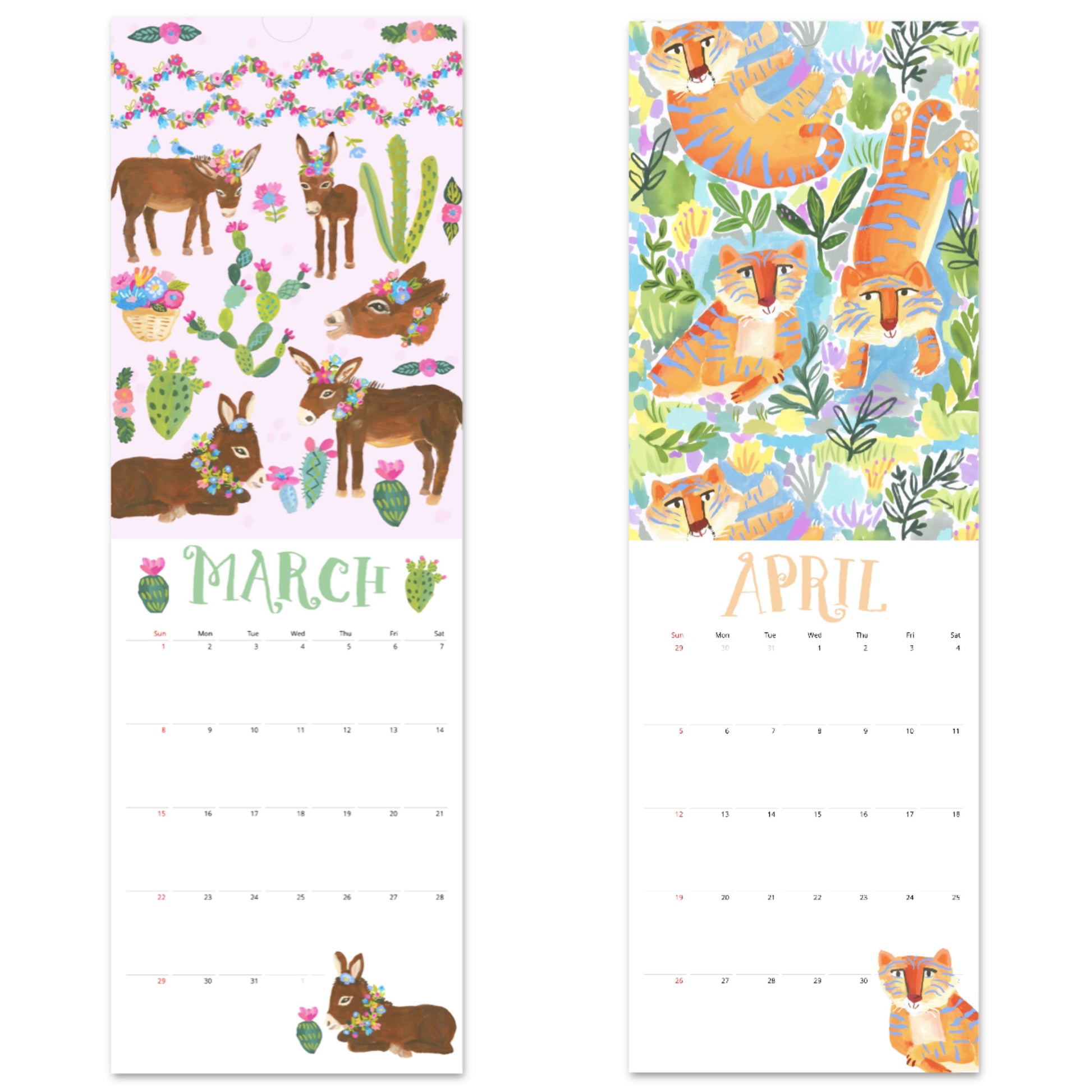 March and April 2026 calendar pages with whimsical animal illustrations of tigers and donkeys