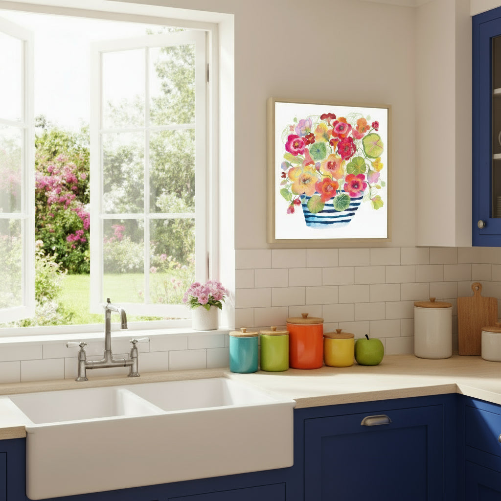 Colorful illustration of flowers in a striped vase on a white background in a colorful kitchen