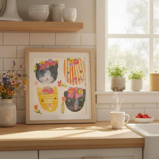 Four colorful cat illustrations with floral designs in a kitchen