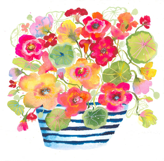 vibrant painting of nasturtiums in a blue and white striped pot 