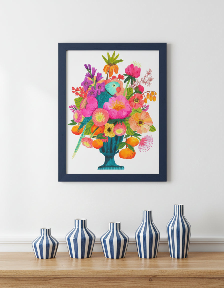 Colorful illustration of a parrot among flowers and fruits on a white background