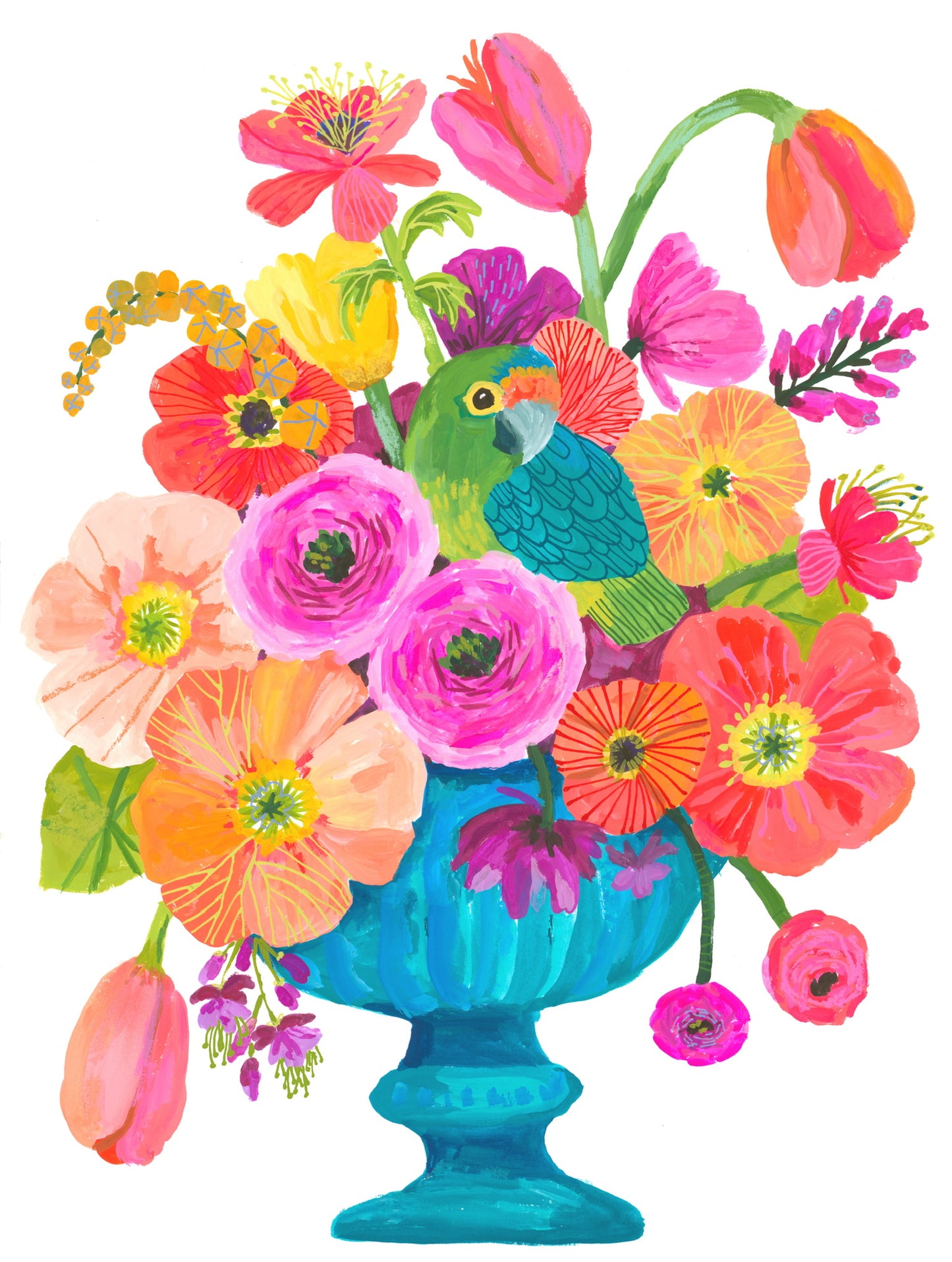 Colorful floral arrangement with  a parrot in a blue vase on a white background