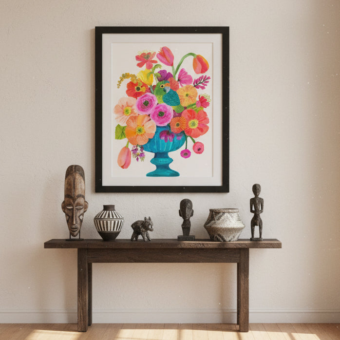 Colorful floral arrangement with a parrot in a blue vase on a white background 