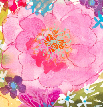 Colorful floral pattern with pink flowers and multicolored leaves