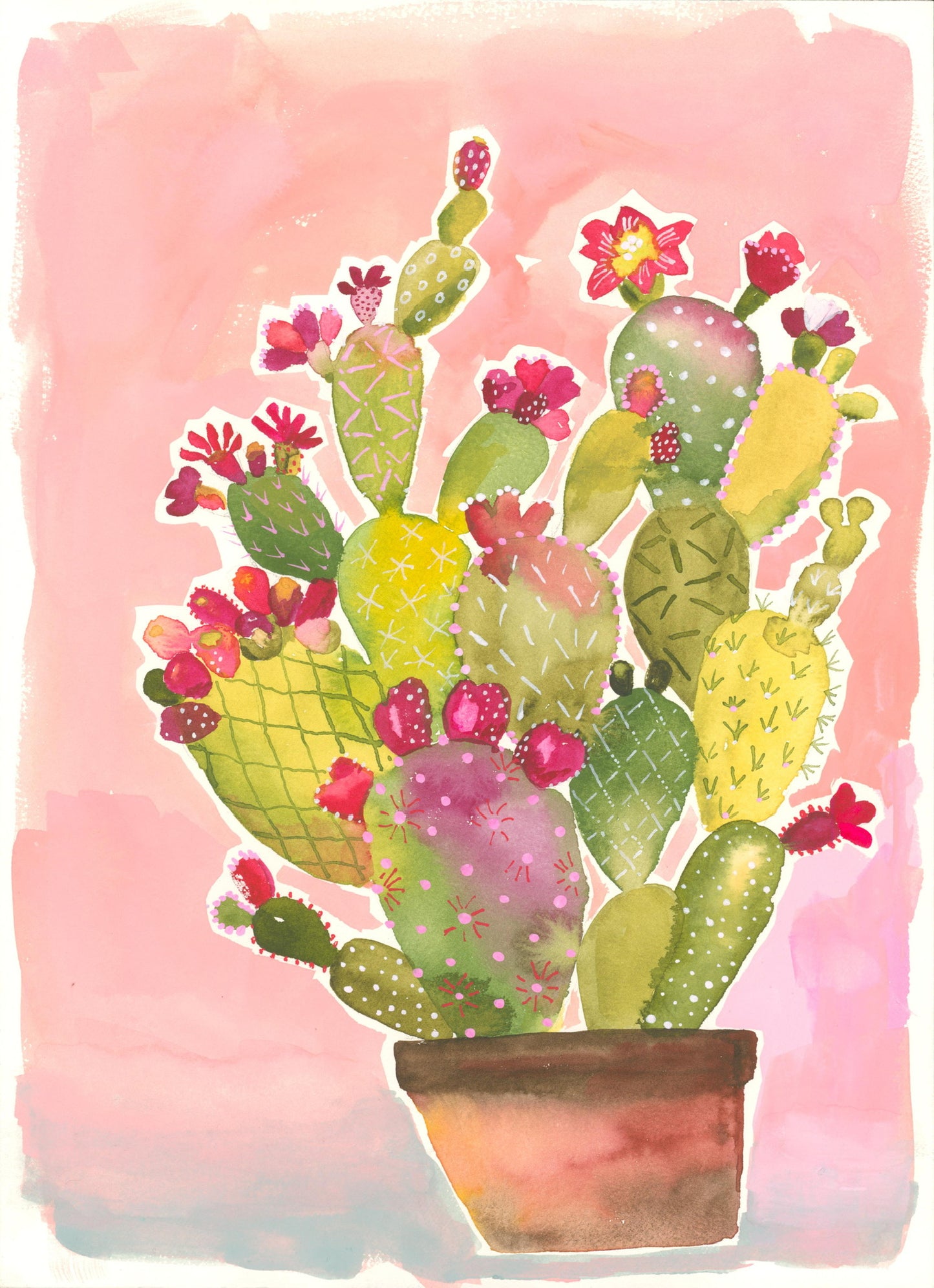 Colorful cactus illustration with pink flowers on a watercolor pink background
