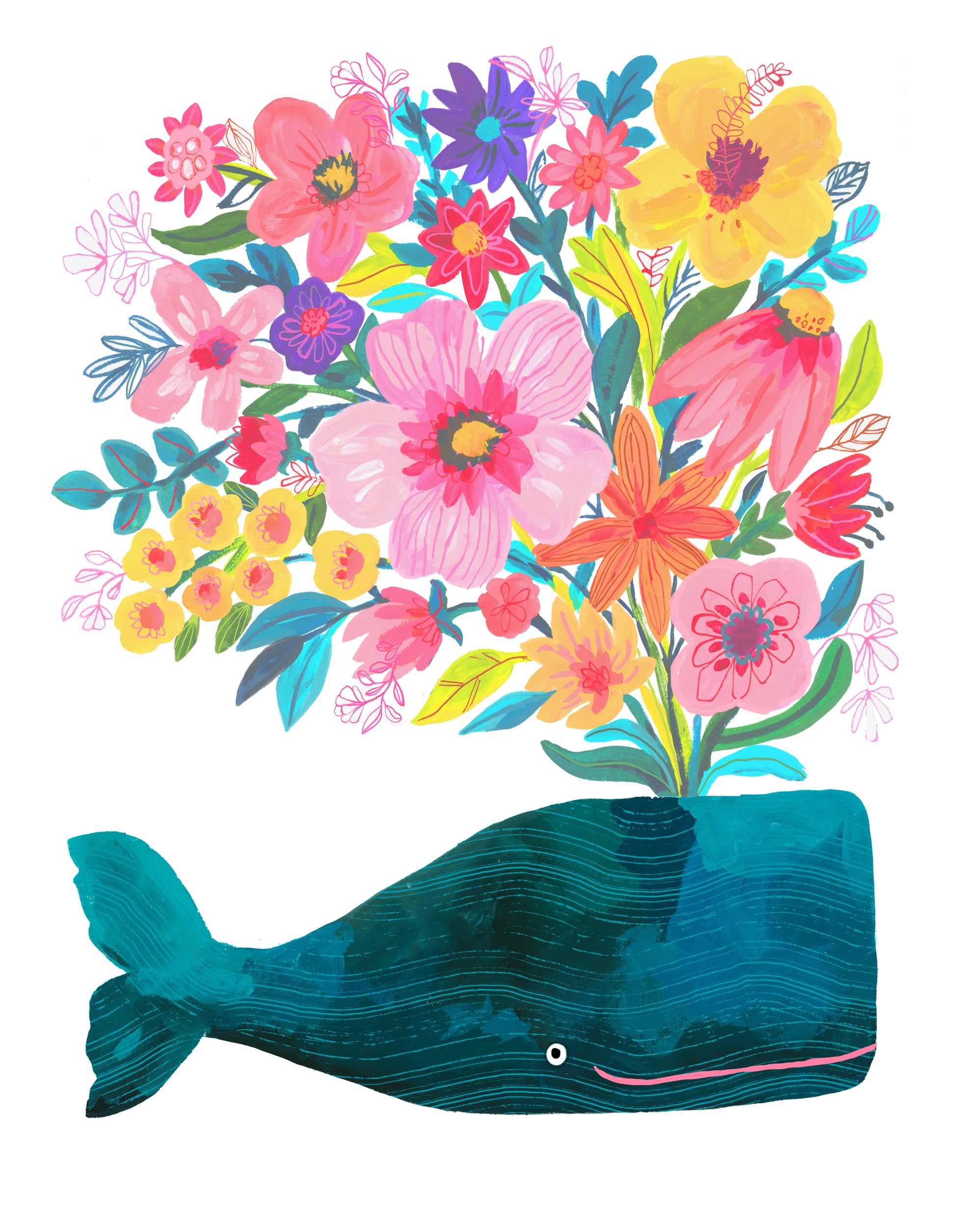 Colorful illustration of a whale with a bouquet of flowers on a white background
