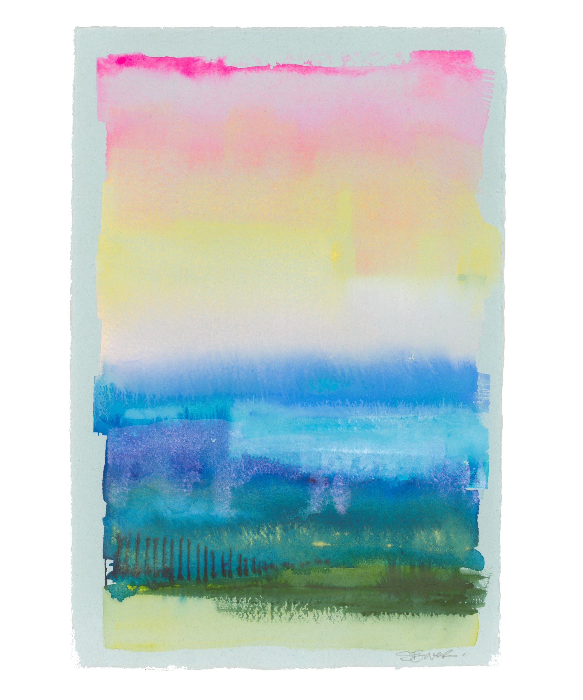 Abstract seascape watercolor painting with horizontal stripes in pink, yellow, blue, and green on a white background.
