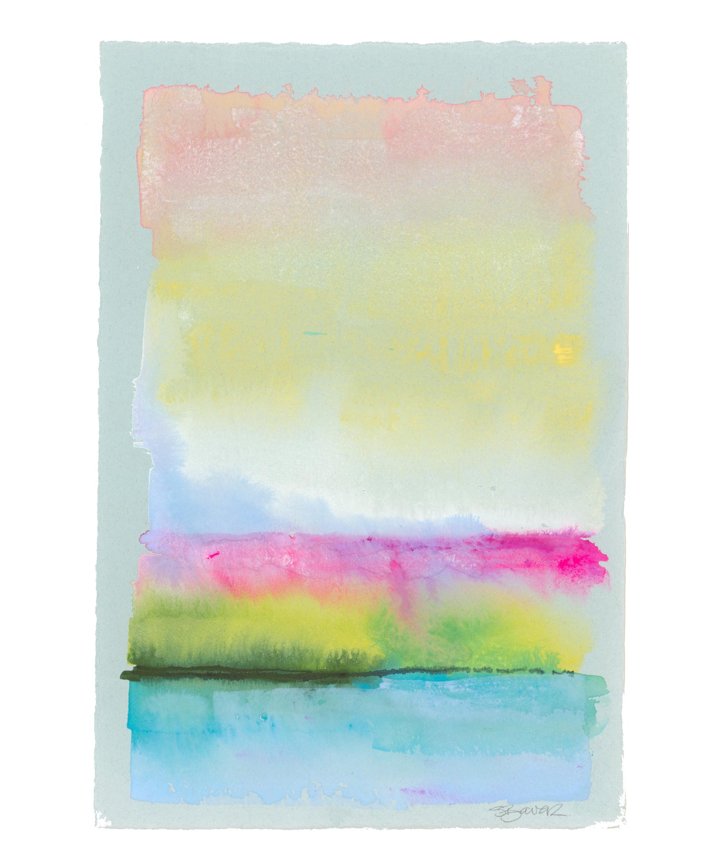 Abstract seascape watercolor painting with pastel colors on a light blue background