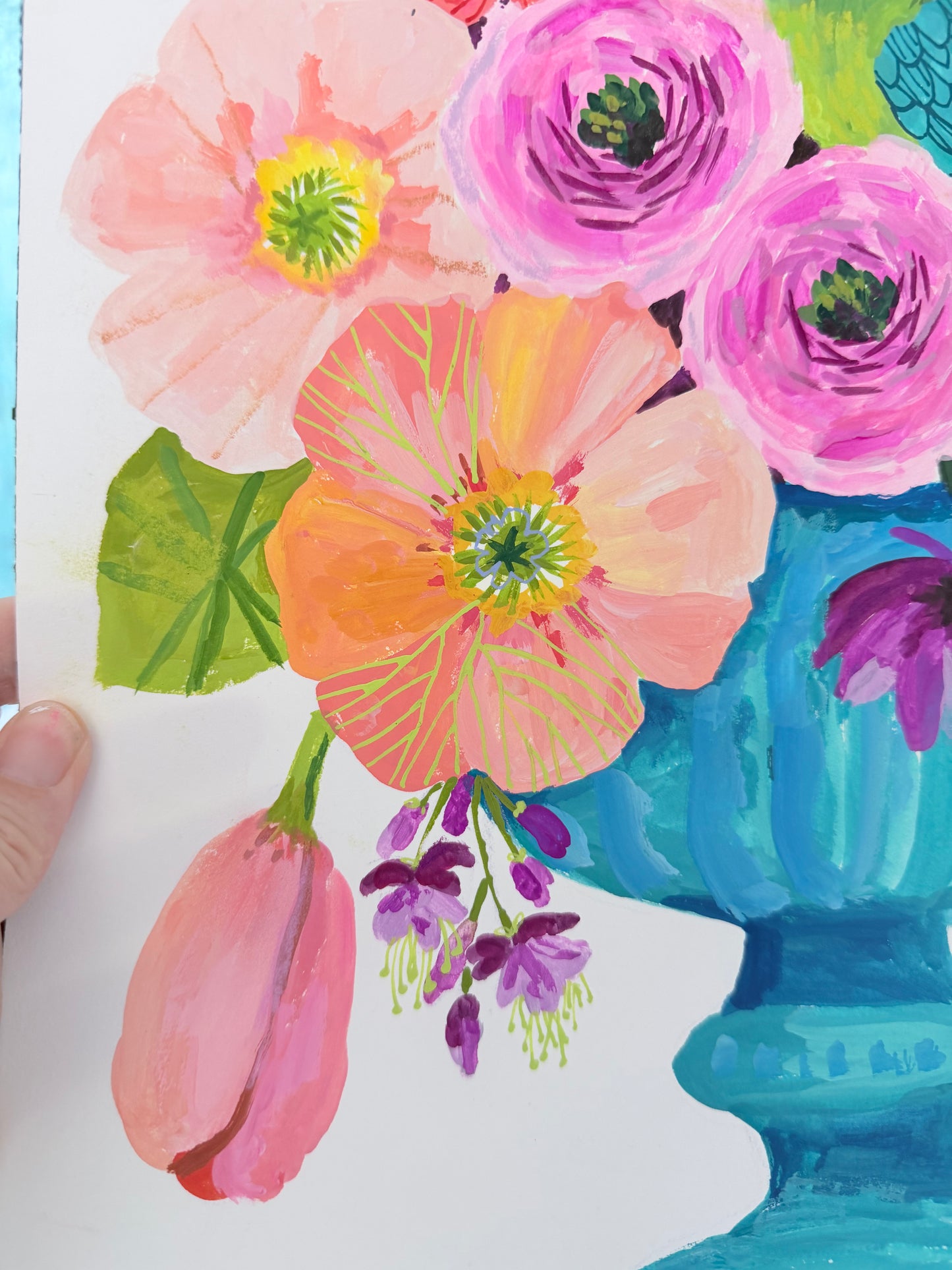 Colorful floral painting with a blue vase on a white background